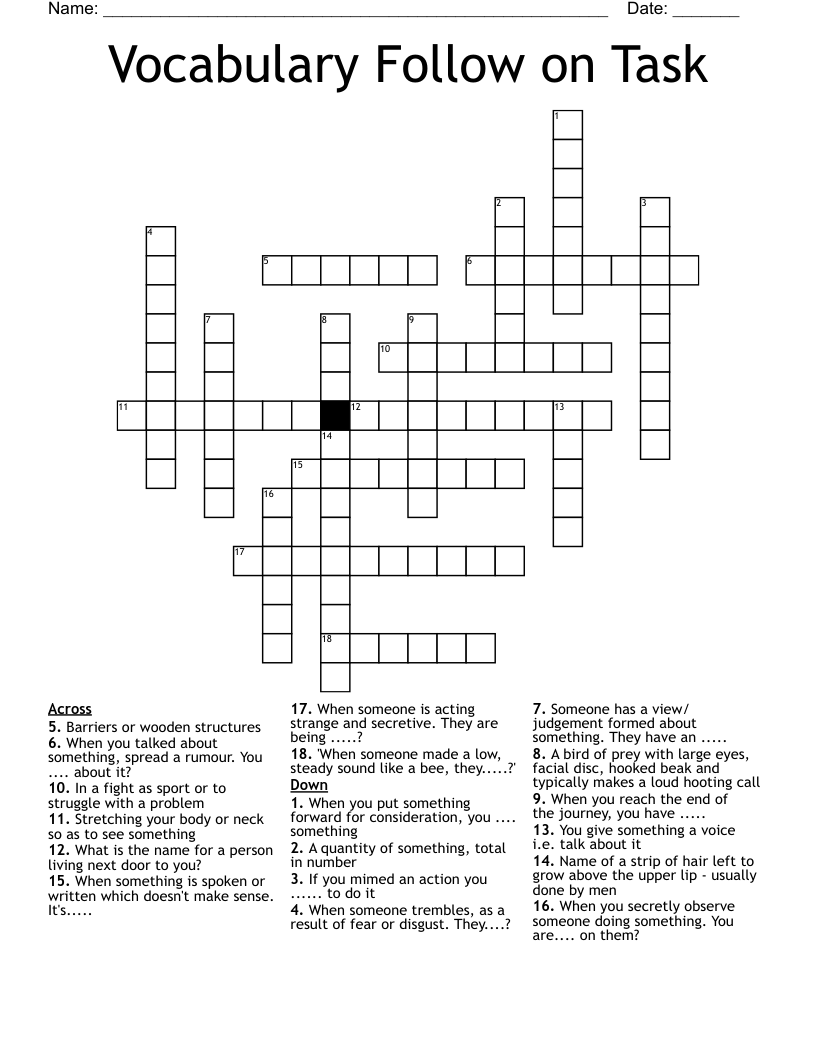 Vocabulary Follow on Task Crossword