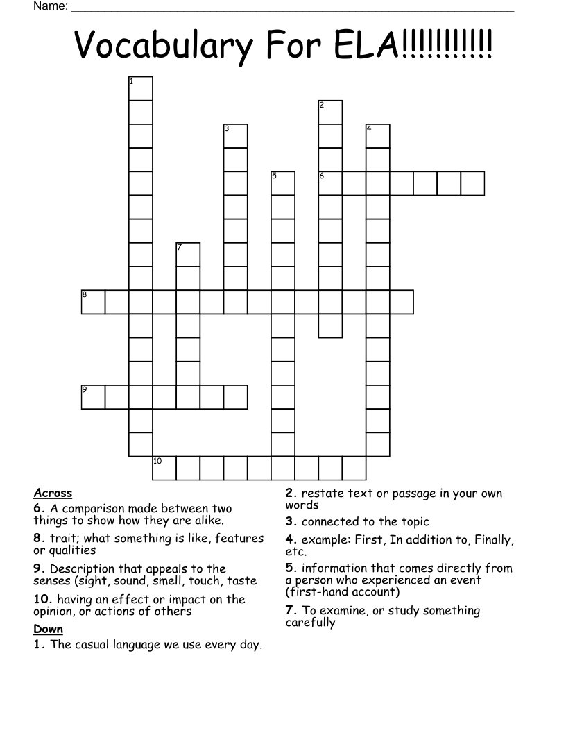 Vocabulary For ELA!!!!!!!!!!! Crossword