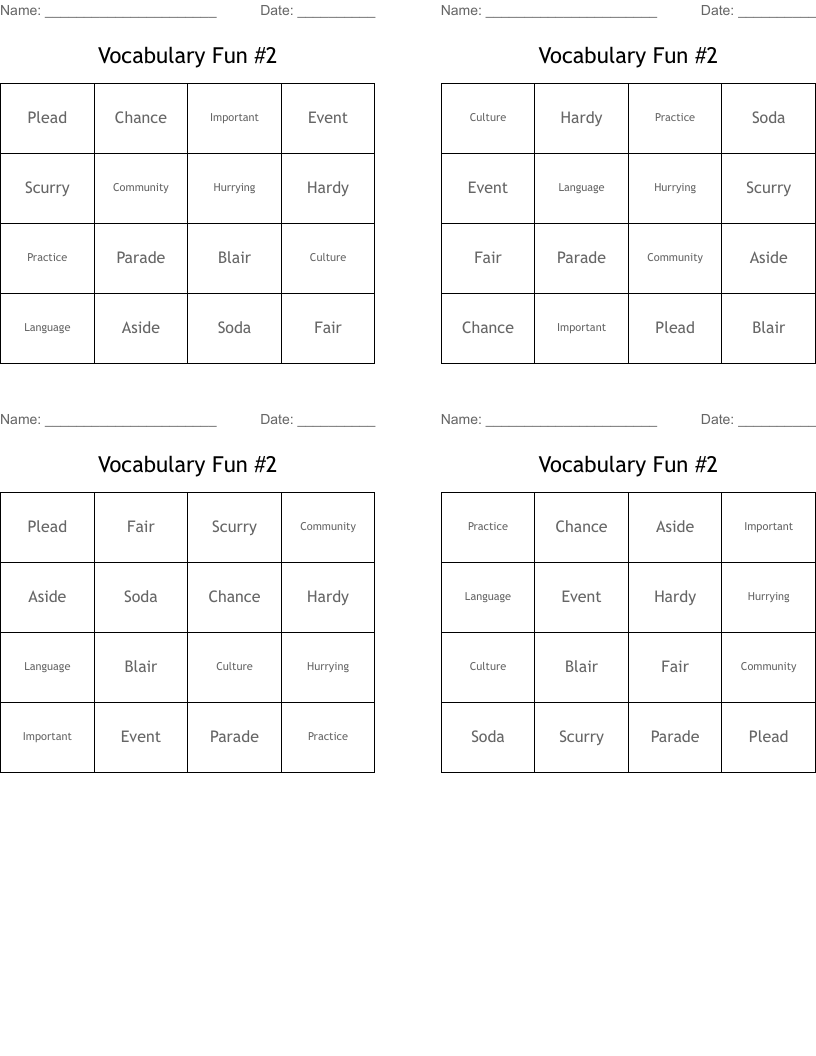 Vocabulary Fun #2  Bingo Cards