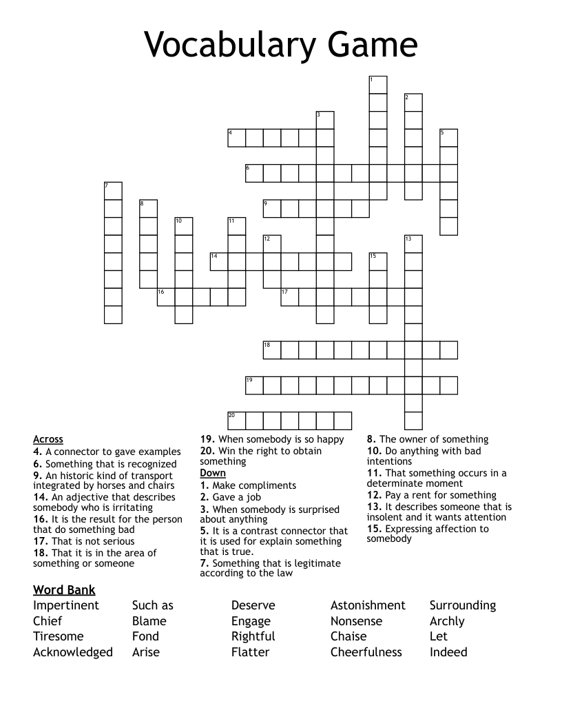 Vocabulary Game Crossword