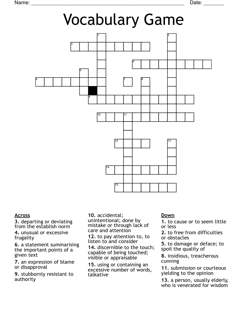 Vocabulary Game Crossword