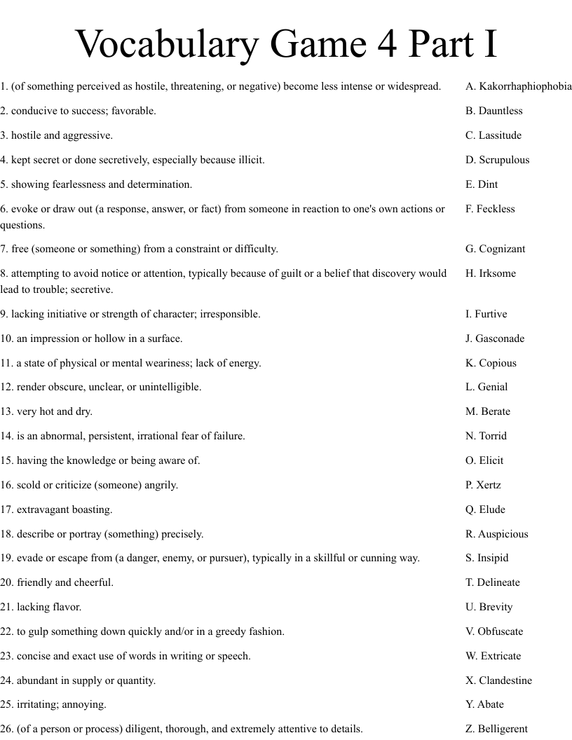 Vocabulary Game 4 Part I Worksheet