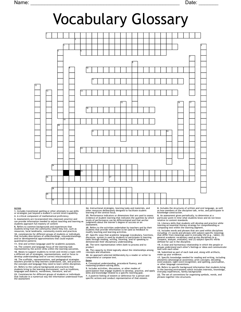 Vocabulary Glossary Crossword