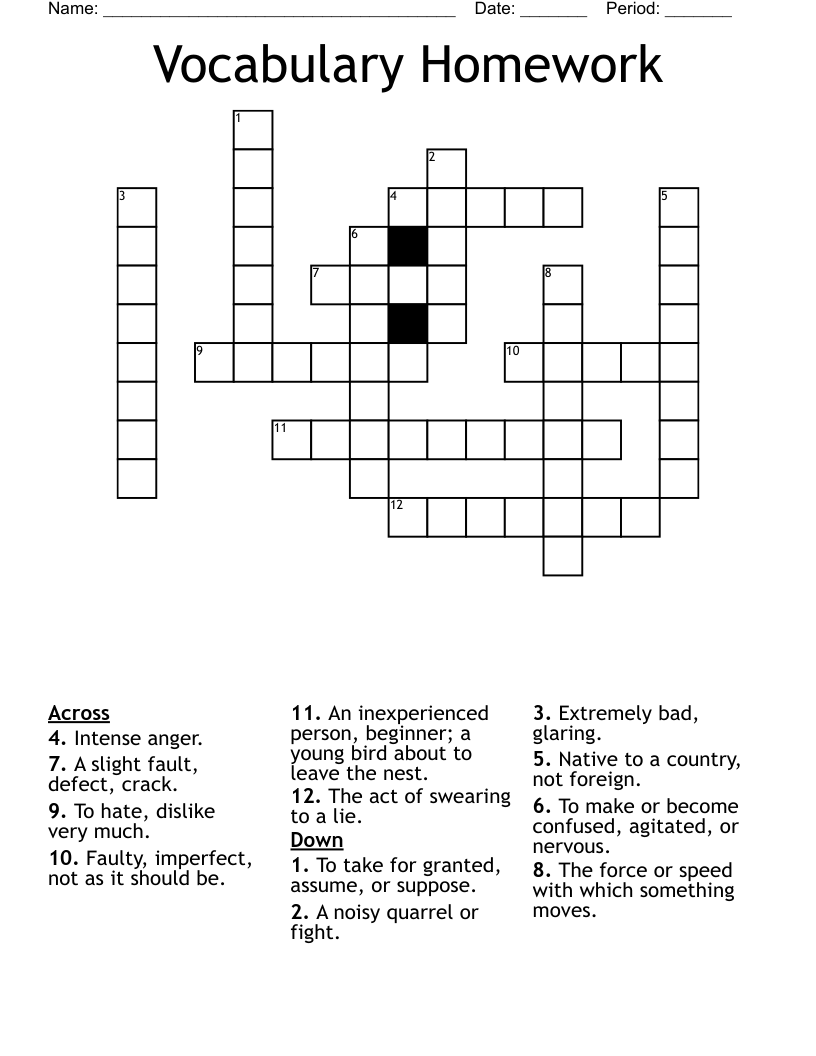 Vocabulary Homework Crossword