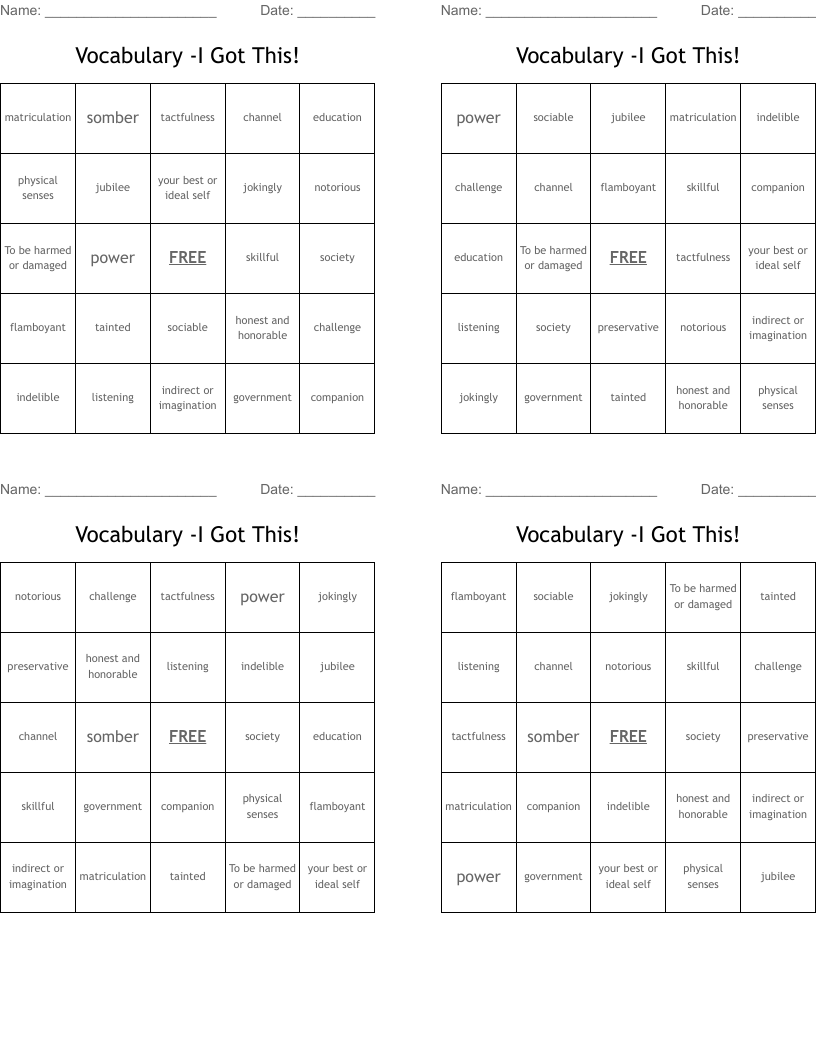 Vocabulary -I Got This! Bingo Cards