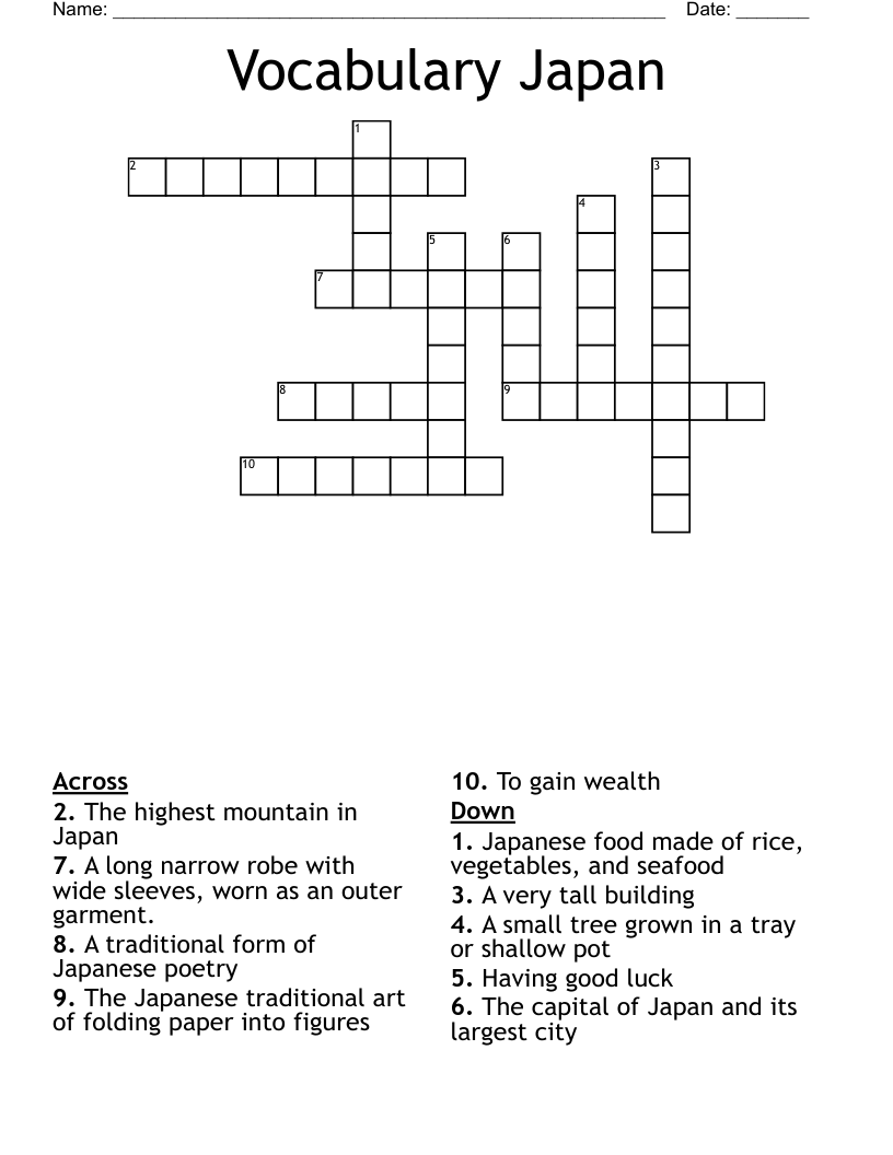 Vocabulary Japan Crossword