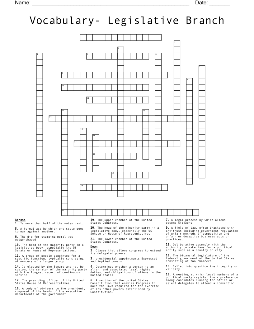 Vocabulary- Legislative Branch  Crossword