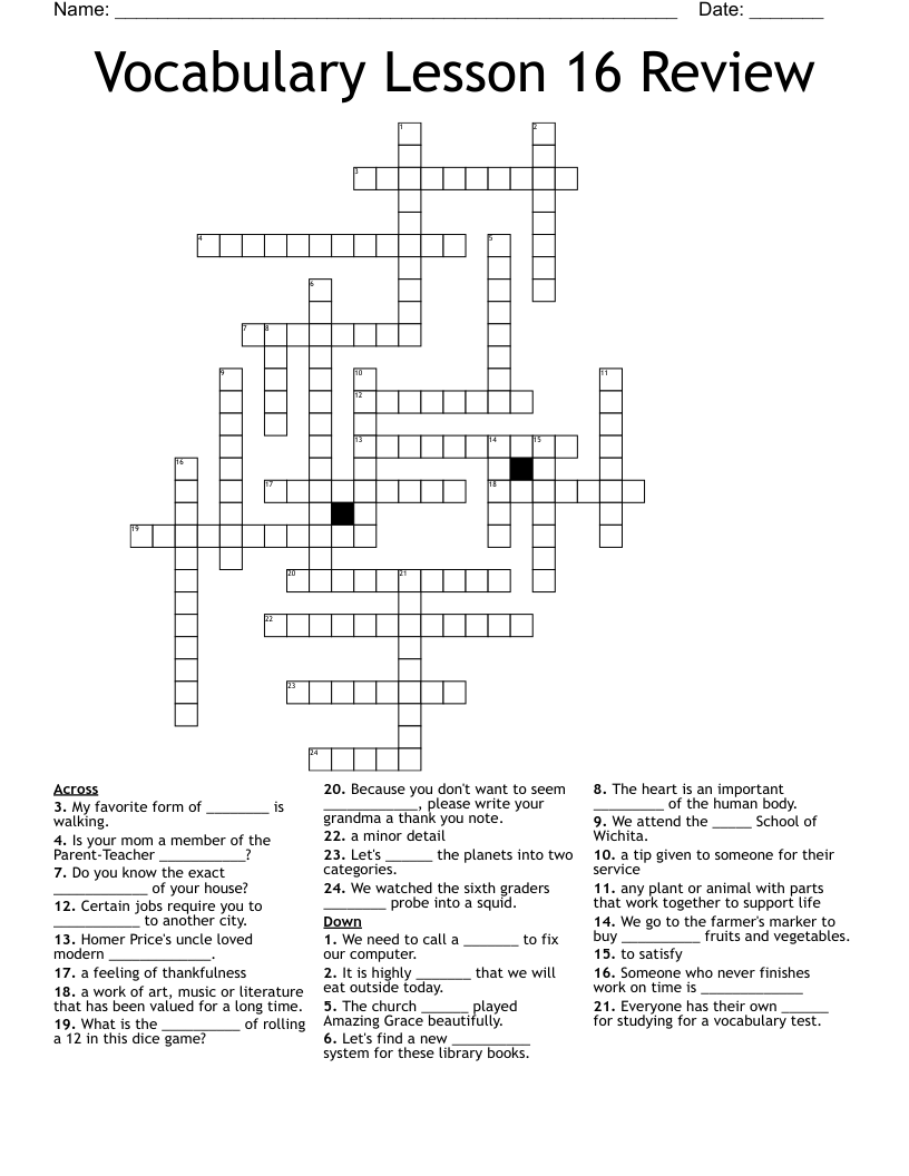 Vocabulary Lesson 16 Review Crossword