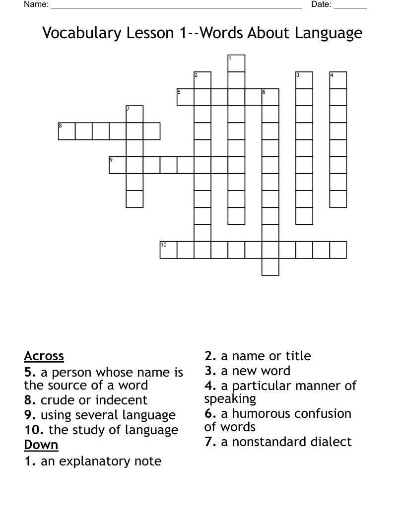 Vocabulary Lesson 1--Words About Language Crossword