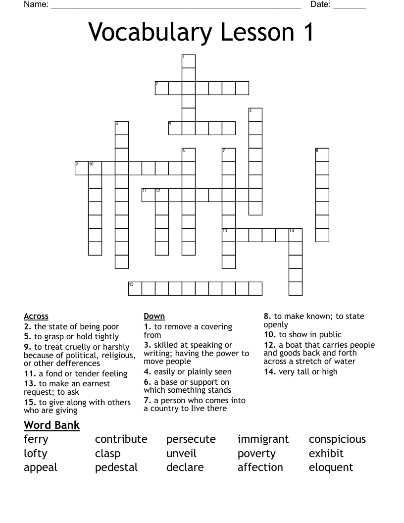 Vocabulary Lesson 1 Crossword