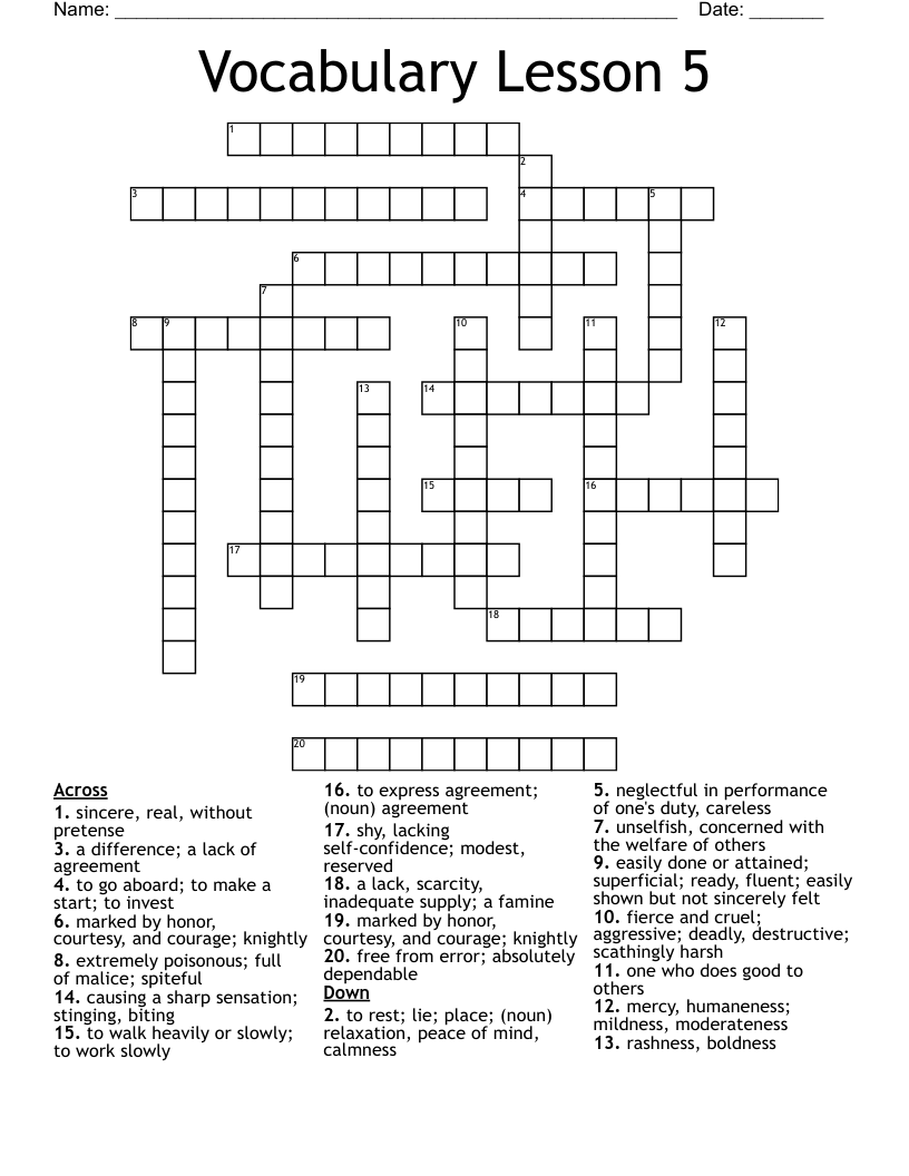 Vocabulary Lesson 5 Crossword