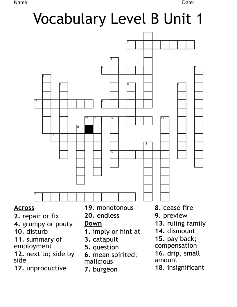 Vocabulary Level B Unit 1 Crossword