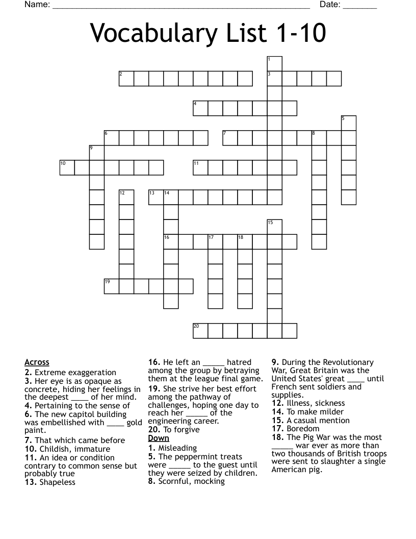Vocabulary List 1-10 Crossword