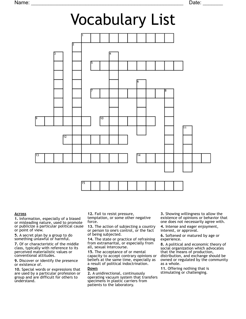 Vocabulary List Crossword
