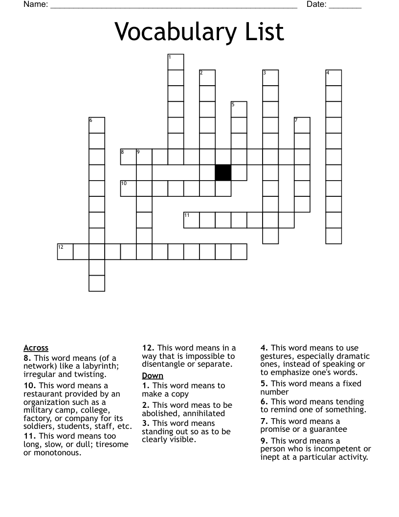 Vocabulary List Crossword