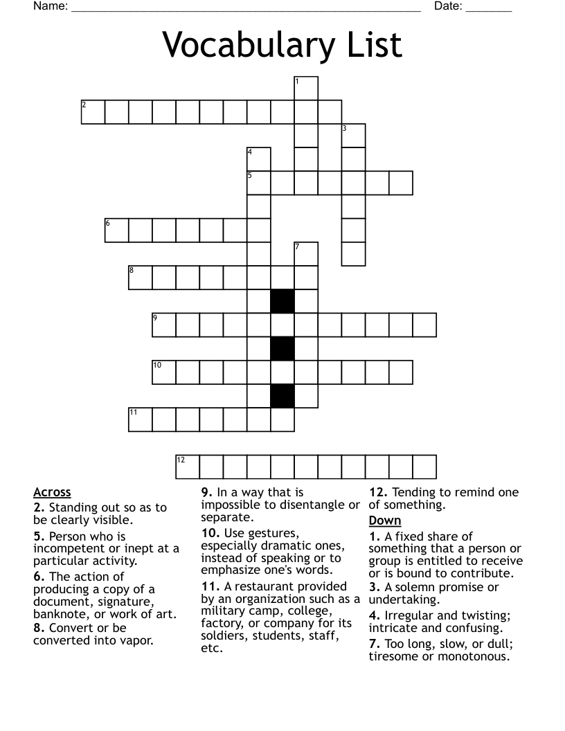 Vocabulary List Crossword