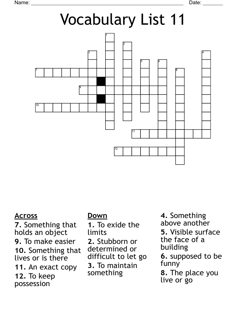 Vocabulary List 11 Crossword