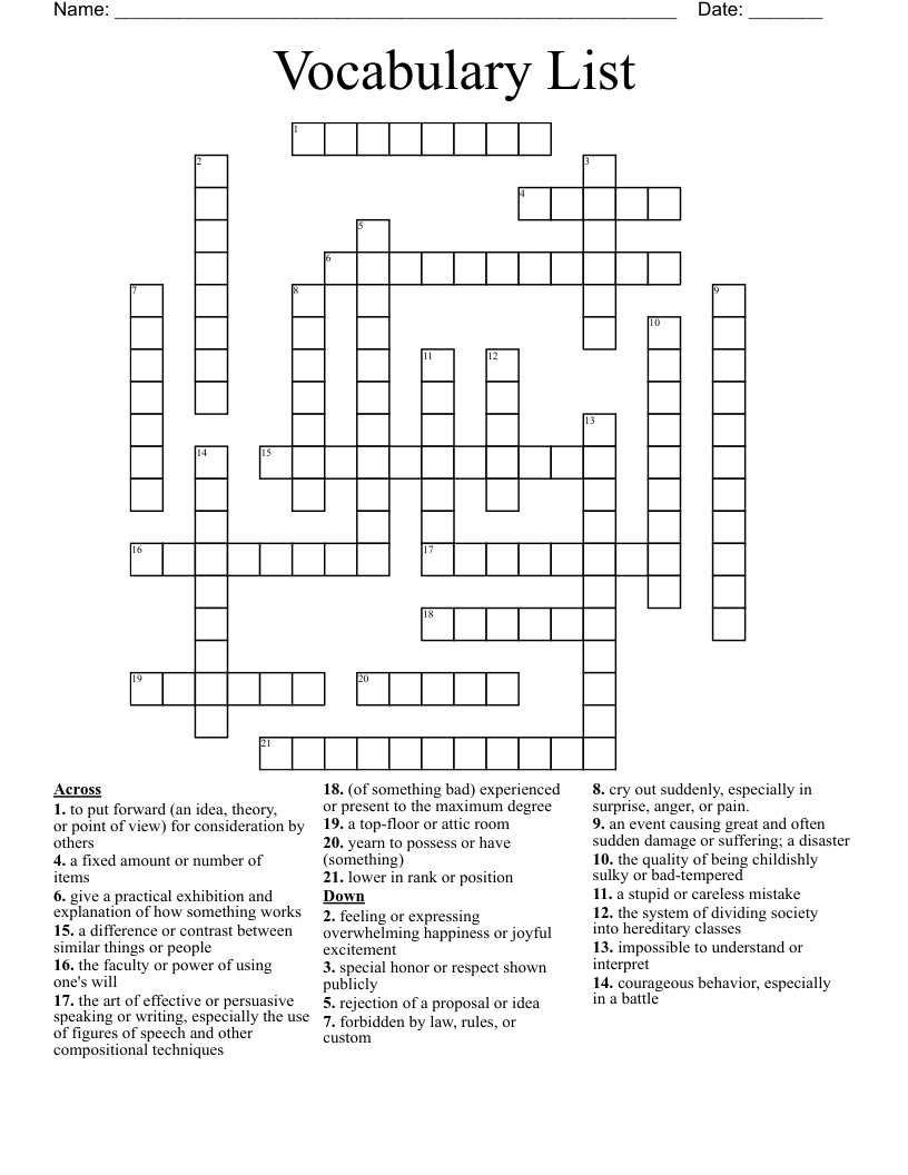 Vocabulary List Crossword