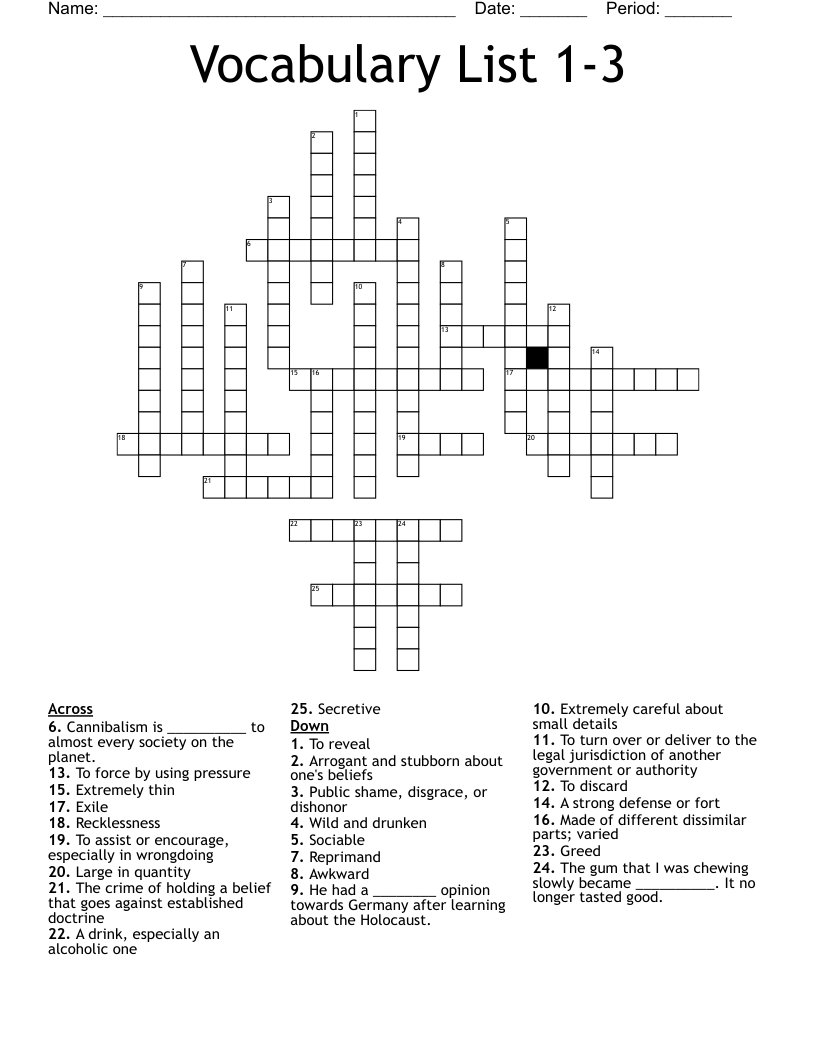Vocabulary List 1-3 Crossword