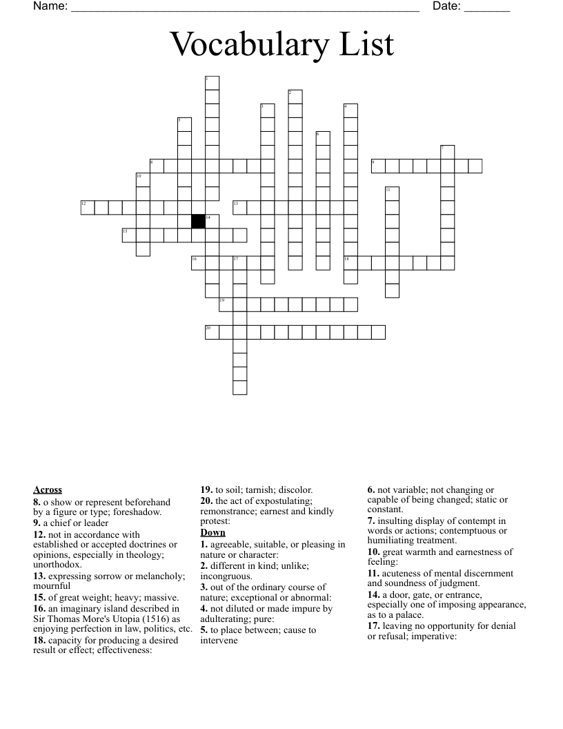Vocabulary List Crossword