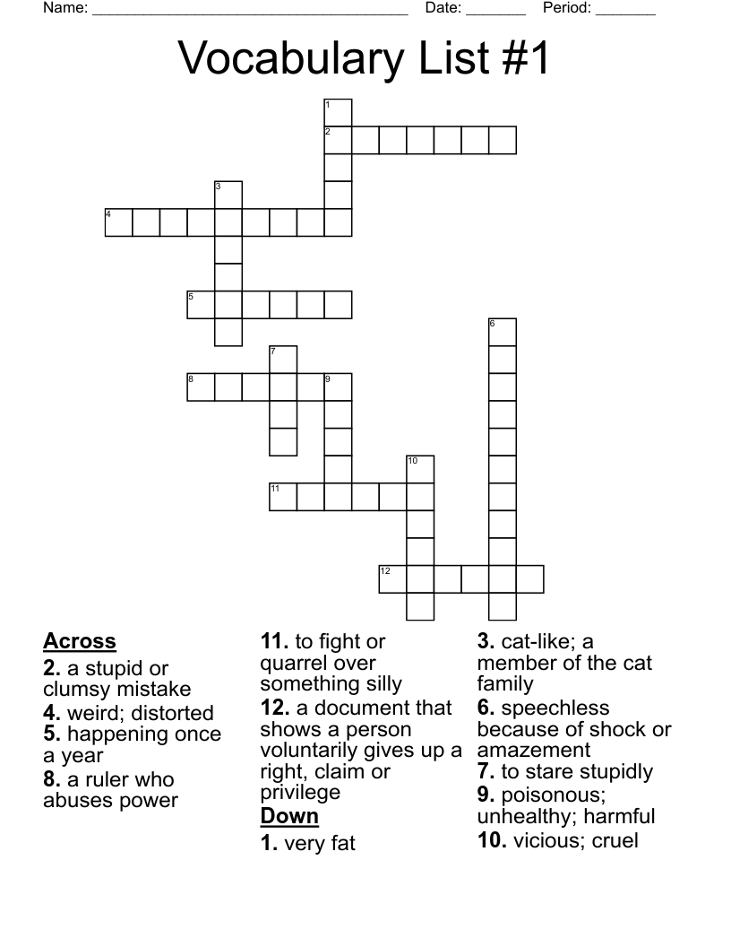 Vocabulary List #1 Crossword