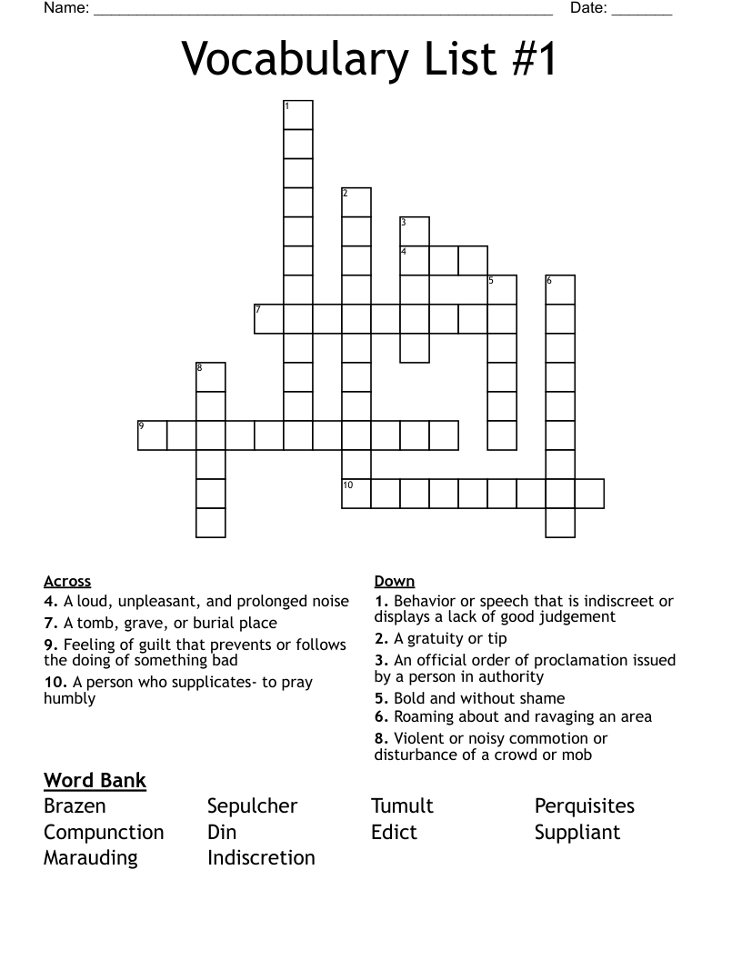 Vocabulary List #1 Crossword