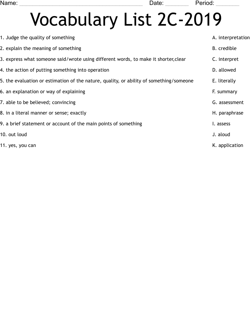Vocabulary List 2C-2019 Worksheet