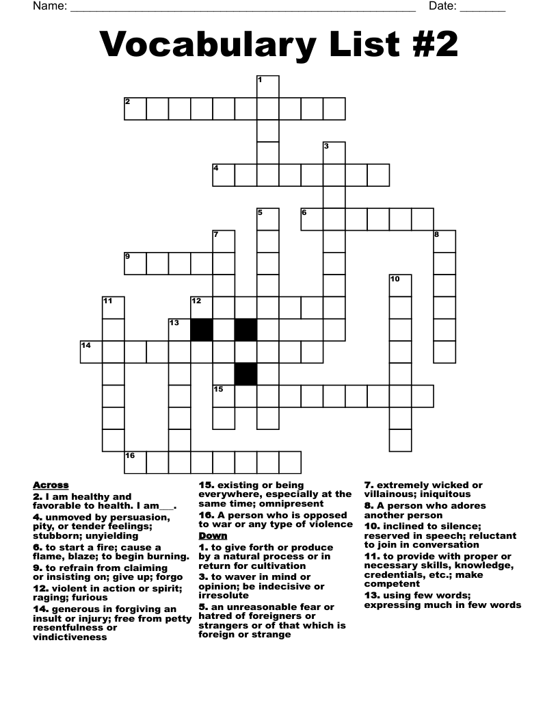 Vocabulary List #2 Crossword