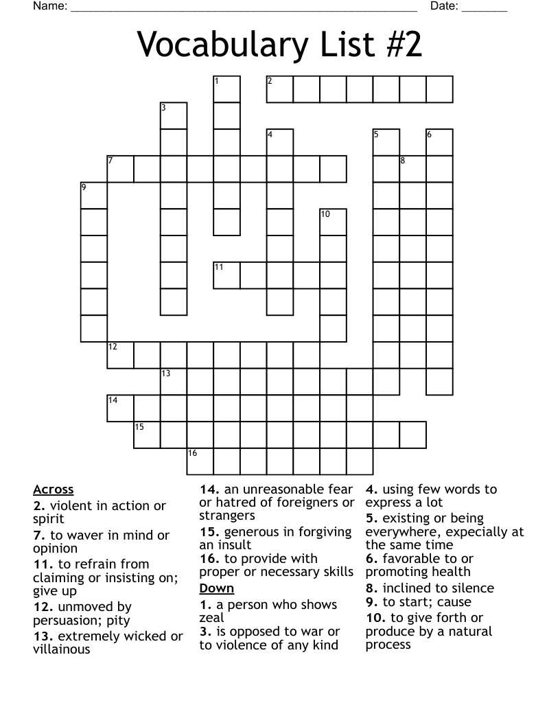 Vocabulary List #2 Crossword