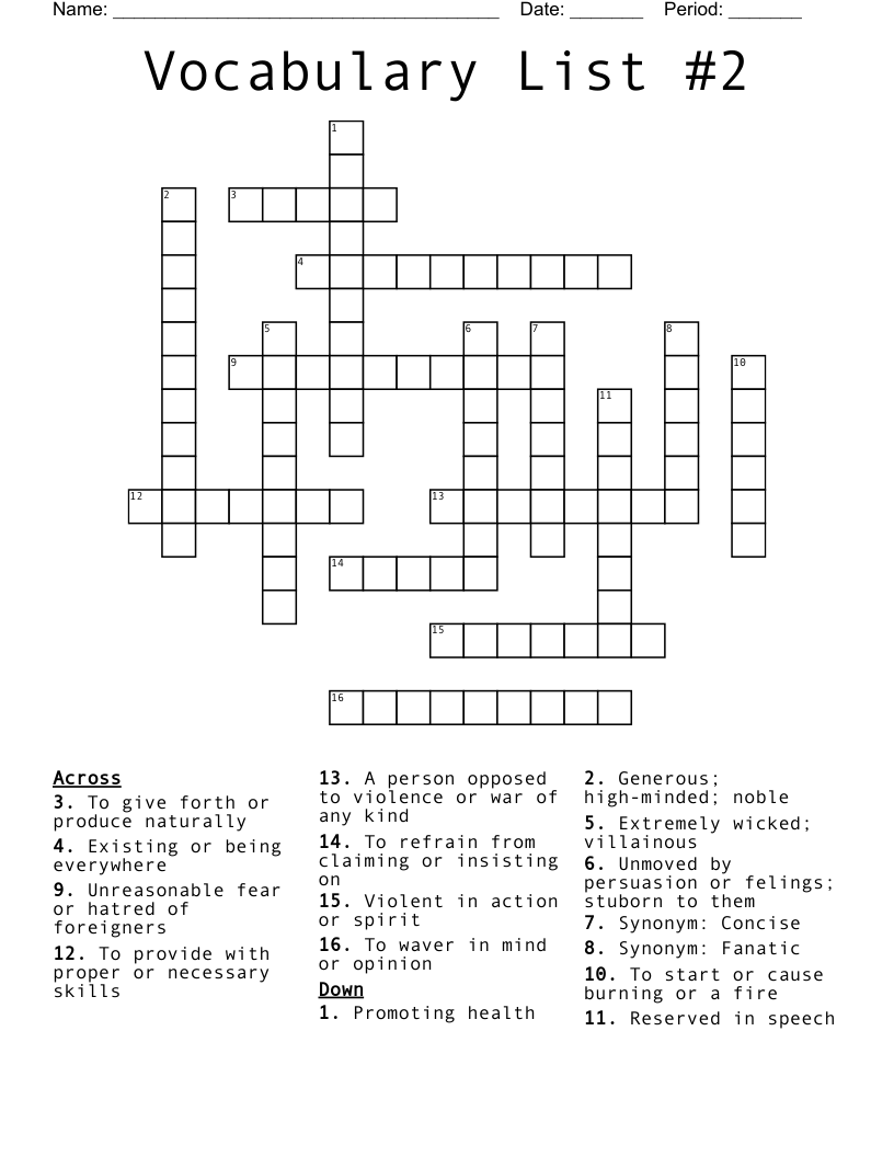 Vocabulary List #2 Crossword