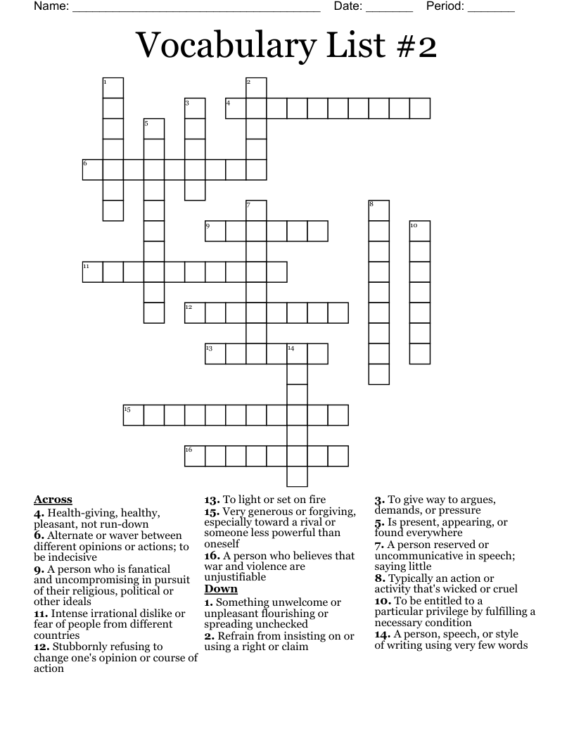 Vocabulary List #2 Crossword