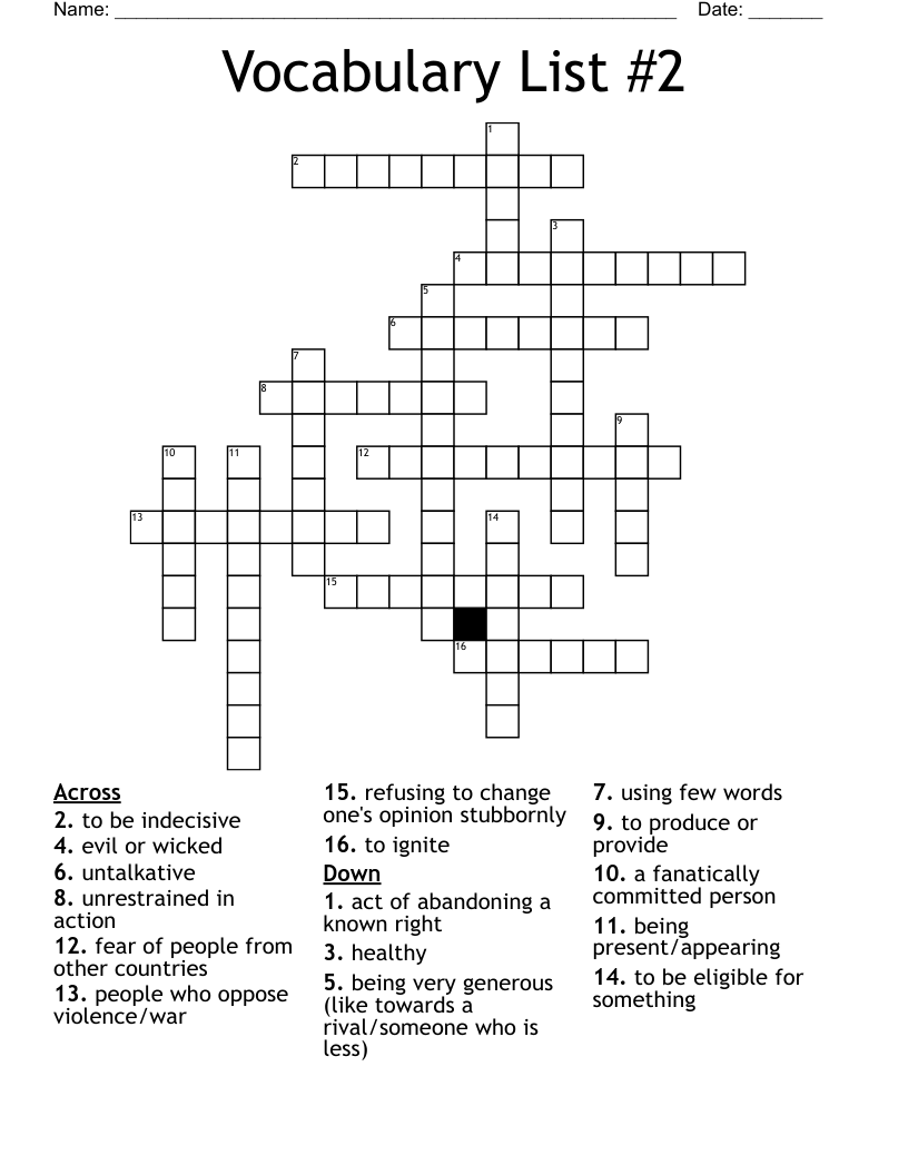 Vocabulary List #2 Crossword