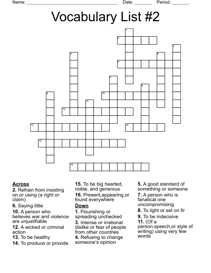Vocabulary List #2 Crossword