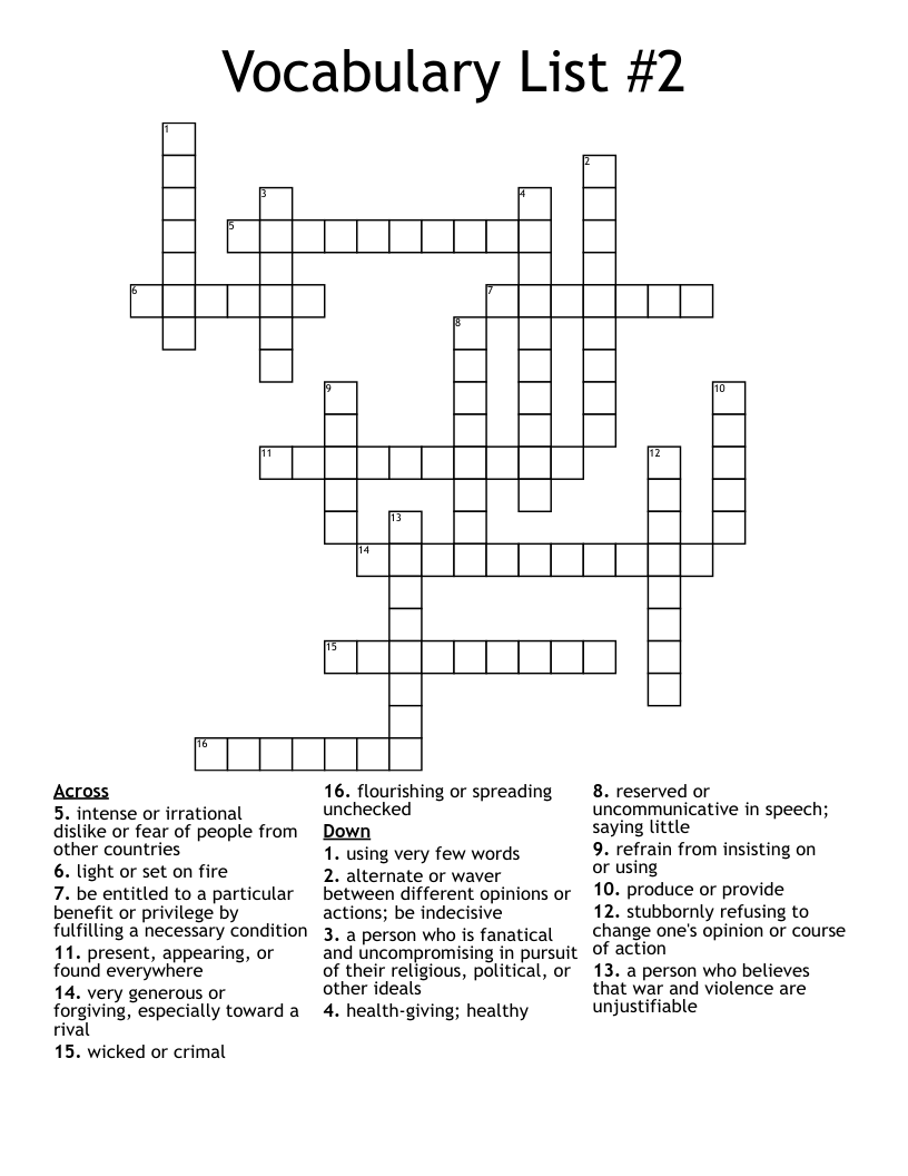 Vocabulary List #2 Crossword