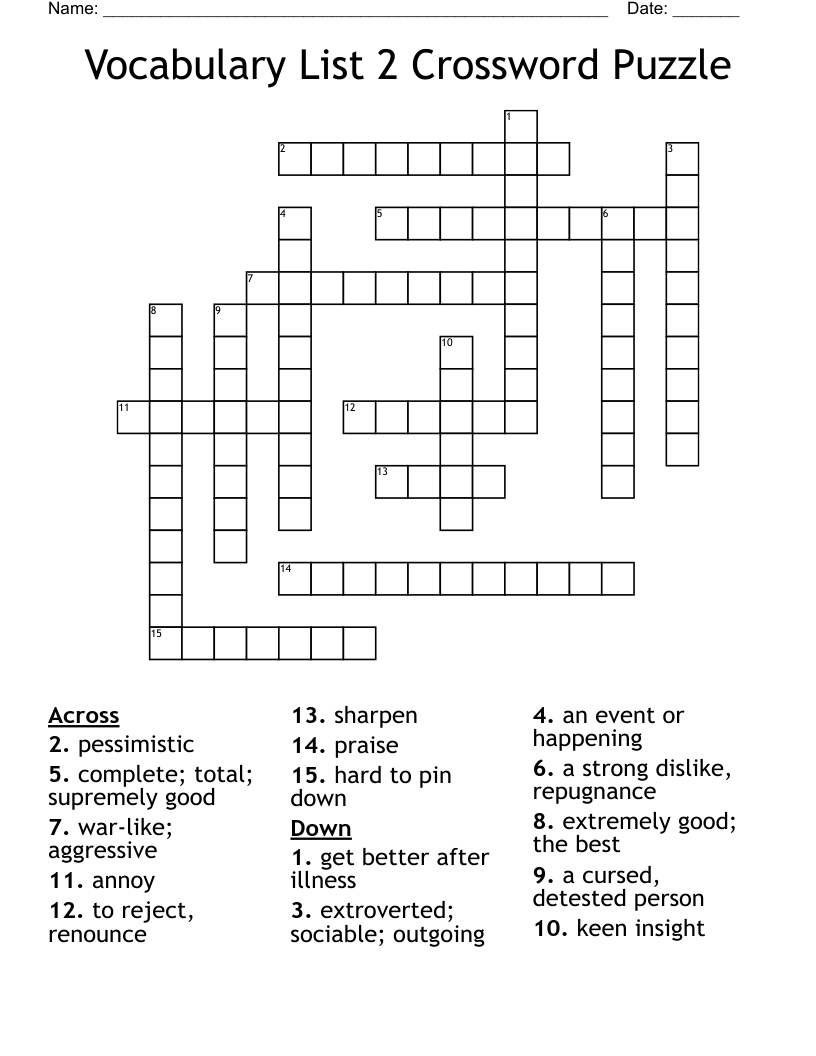 Vocabulary List 2 Crossword Puzzle