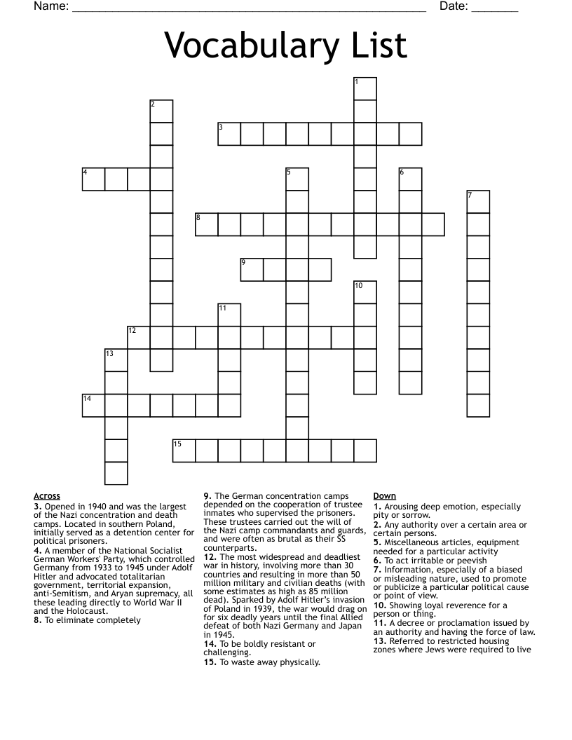 Vocabulary List Crossword