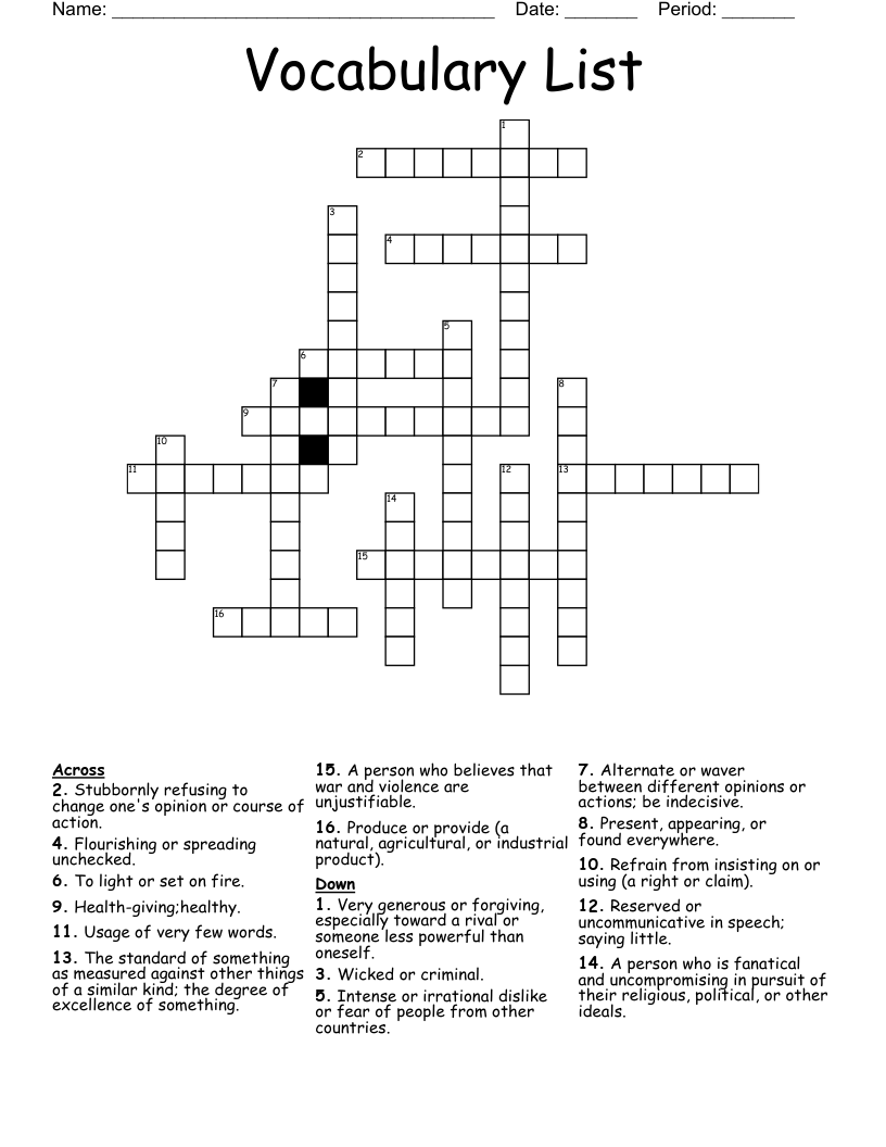 Vocabulary List Crossword