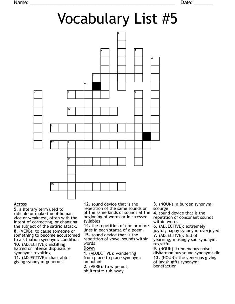 Vocabulary List #5 Crossword