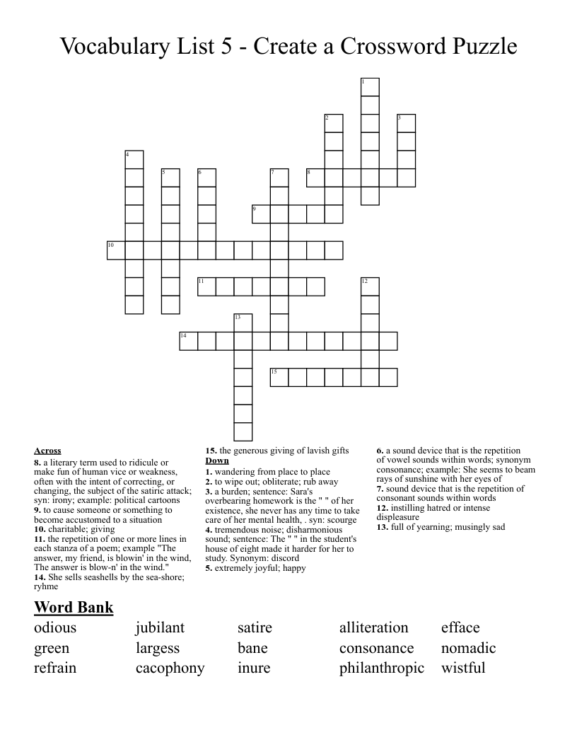 Vocabulary List 5 - Create a Crossword Puzzle