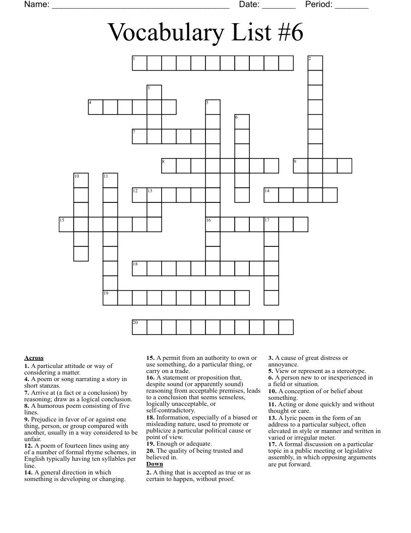 Vocabulary List #6 Crossword