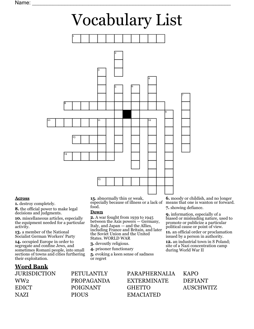 Vocabulary List Crossword