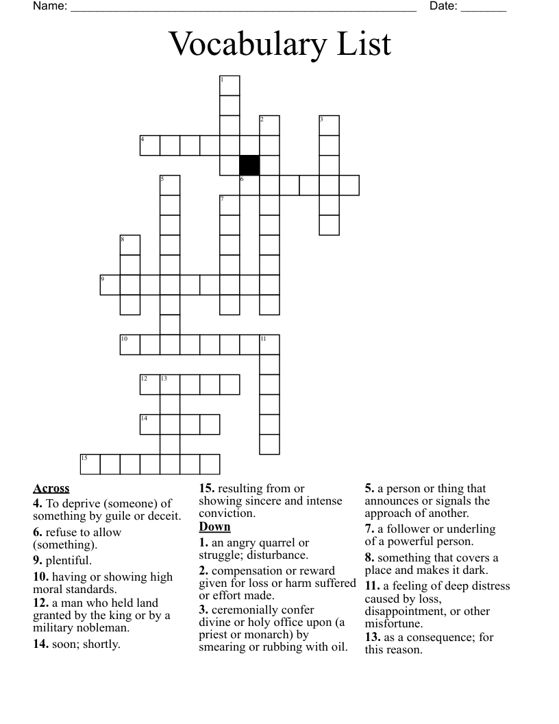 Vocabulary List Crossword