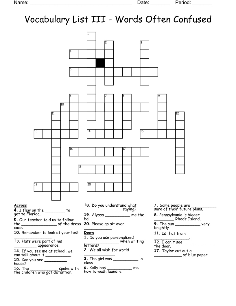 Vocabulary List III - Words Often Confused Crossword