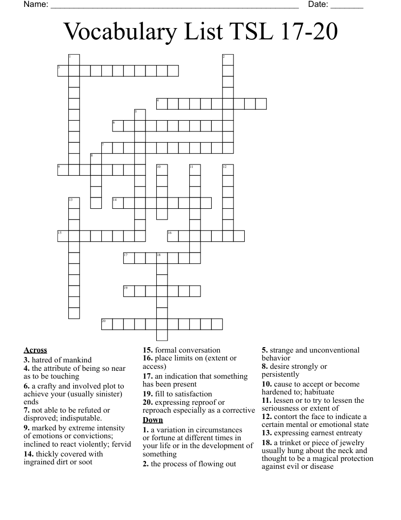Vocabulary List TSL 17-20 Crossword