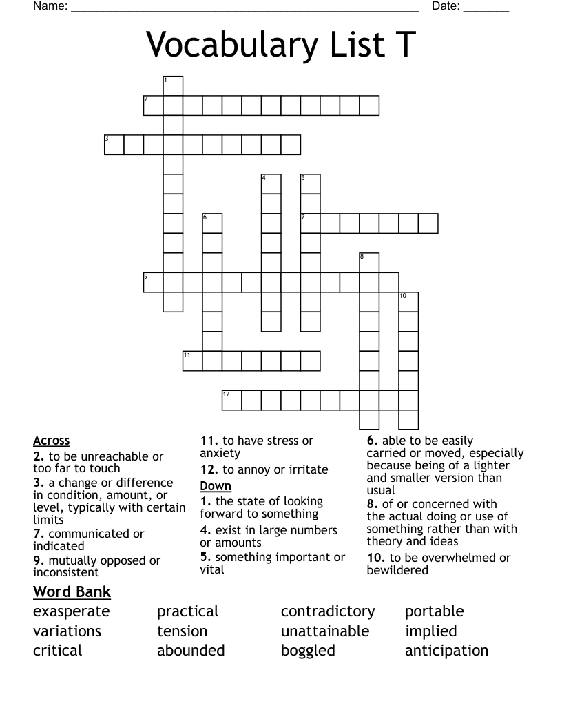 Vocabulary List T Crossword