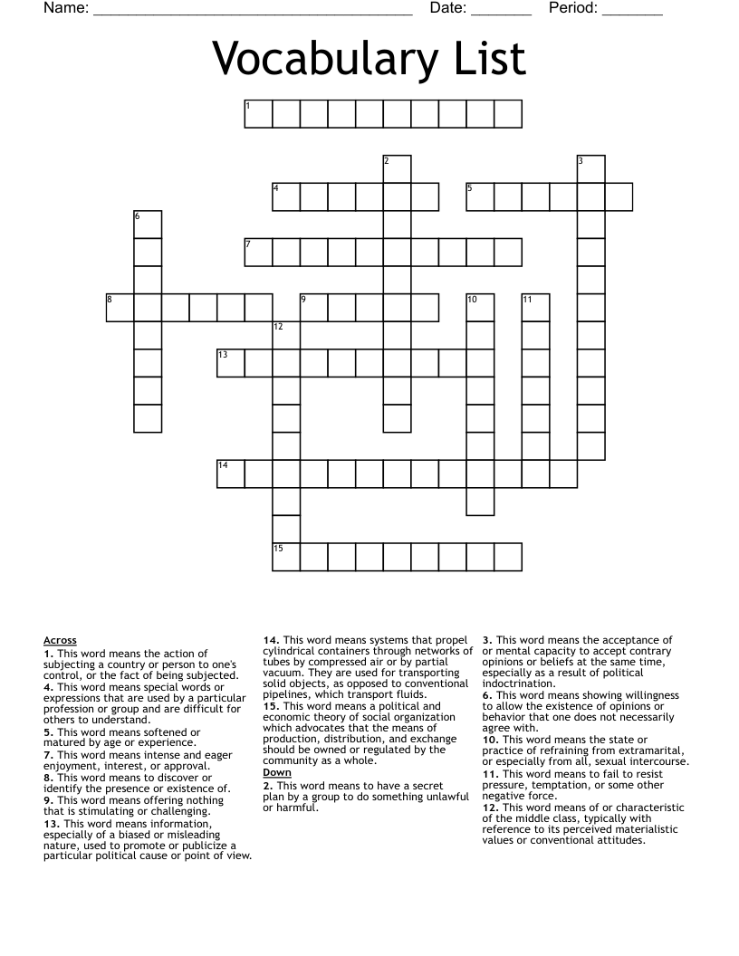 Vocabulary List  Crossword