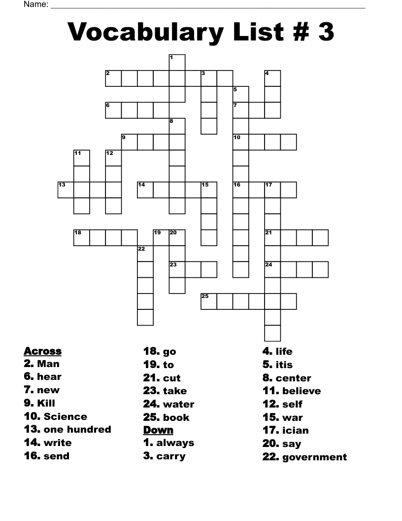 Vocabulary List  # 3 Crossword