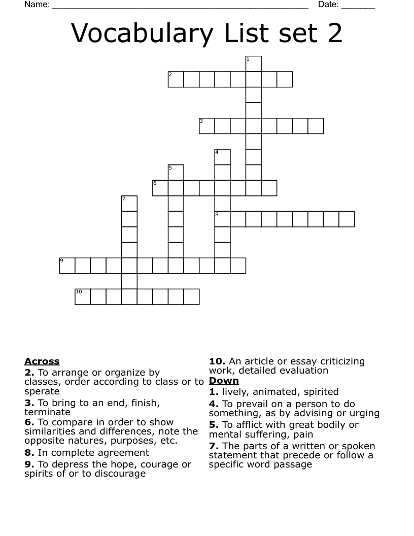Vocabulary List set 2  Crossword