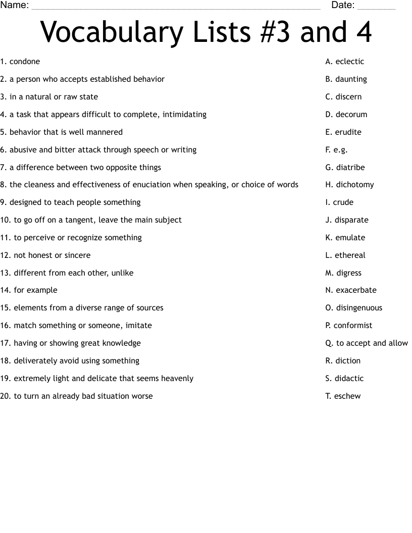 Vocabulary Lists #3 and 4 Worksheet