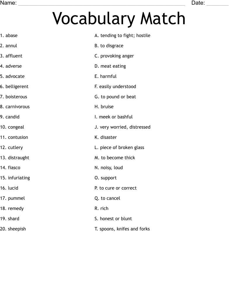 Vocabulary Match Worksheet